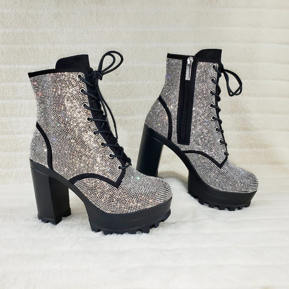 Cape Robbin Silver Crystal Lace-Up Platform Ankle Boots - Picture 13 of 15